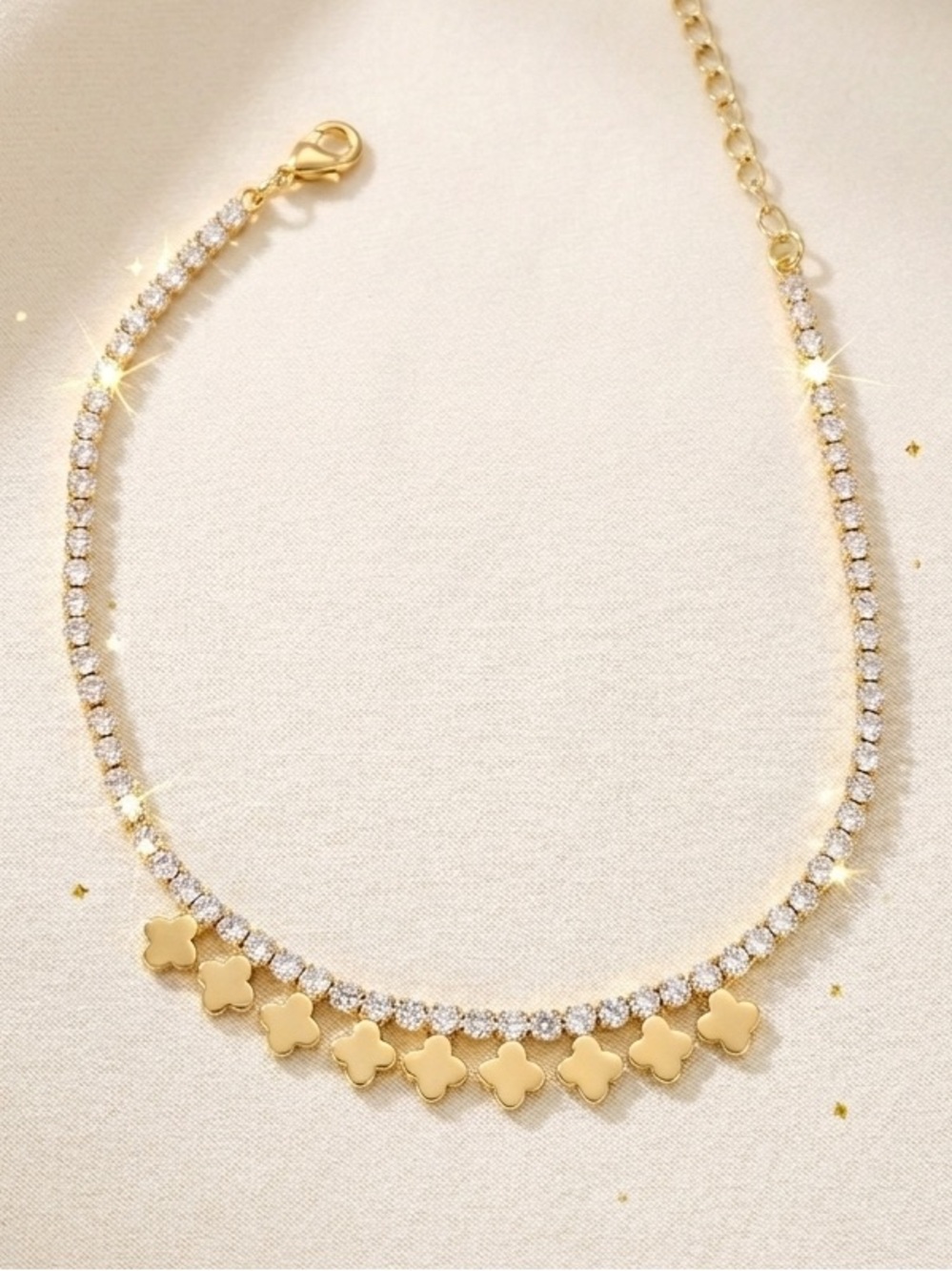 3/40! Dainty Clover Tennis Anklet 14k Gold Plated Crystal Stone Water Resistant - Picture 2 of 3